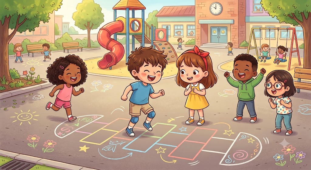 Enfants jouant &agrave; la marelle